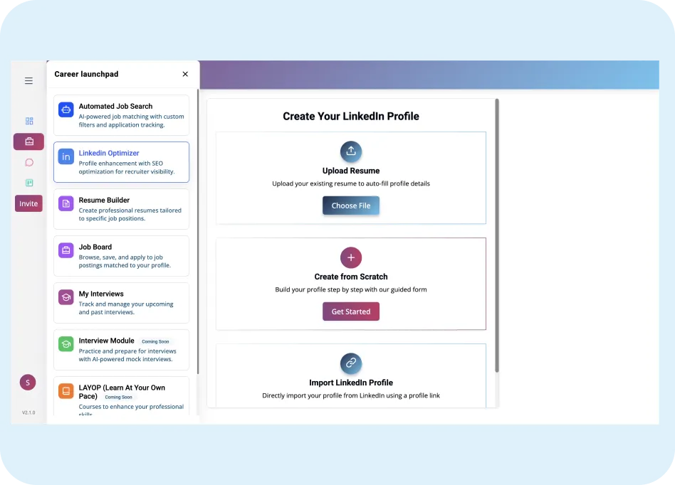 Career launchpad interface displaying options for LinkedIn profile creation, including "Upload Resume," "Create from Scratch," and "Import LinkedIn Profile."